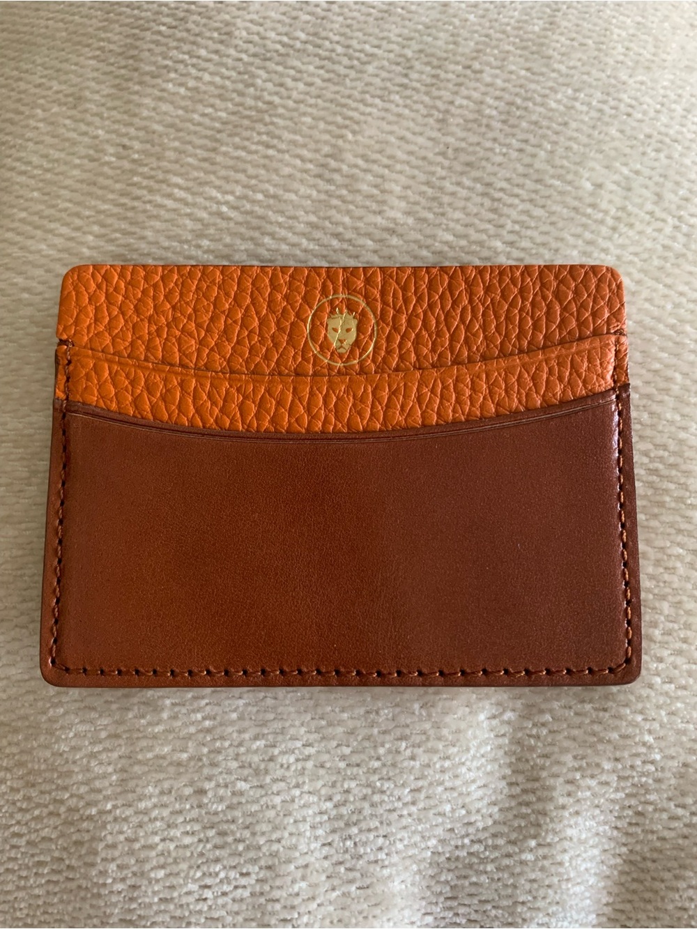Two-Tone Textured & Smooth Genuine Leather 5 Pocket Card Case Orange & Tab Brown